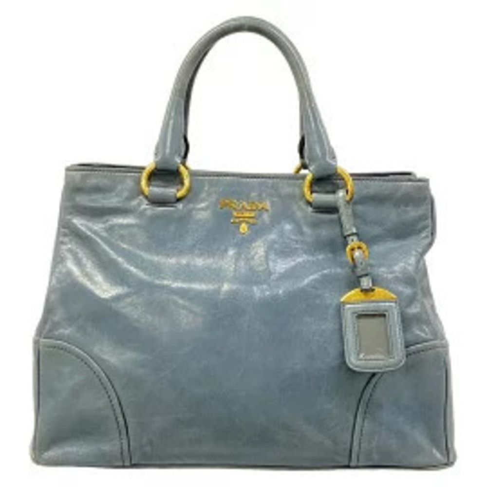 Prada Vitello Shine Leather 2Way Tote Bag Blue Gray